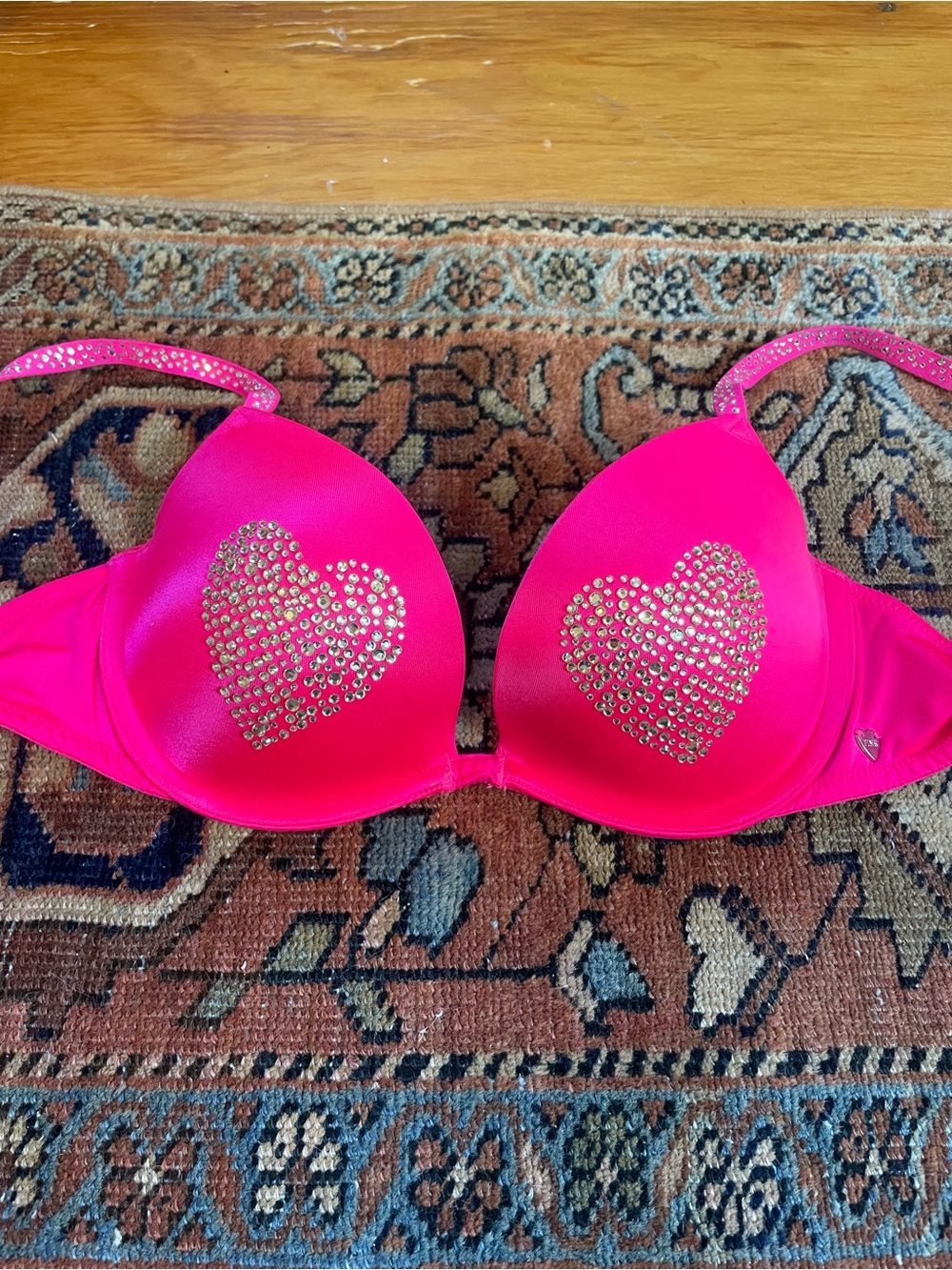 Y2K Pink Victoria Secret Heart Rhinestone Push Up Bra